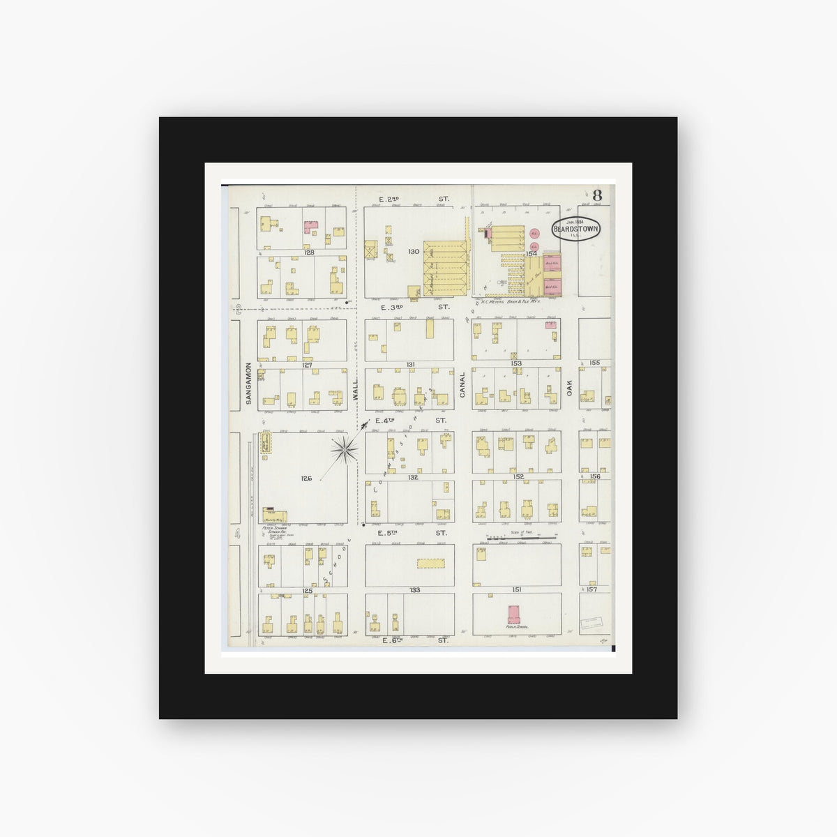 Old map wall art mockup — black gallery frame with white mat — Sanborn Fire Insurance Map from Beardstown, Cass County, Illinois (1894), Sheet #0008