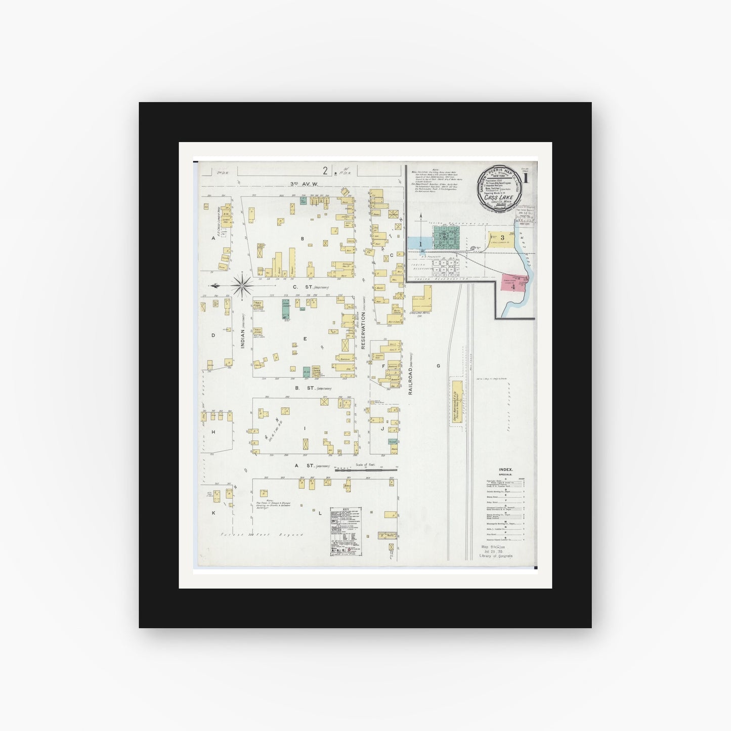 Old map wall art mockup — black gallery frame with white mat — Sanborn Fire Insurance Map from Cass Lake, Cass County, Minnesota (1900), Sheet #0001