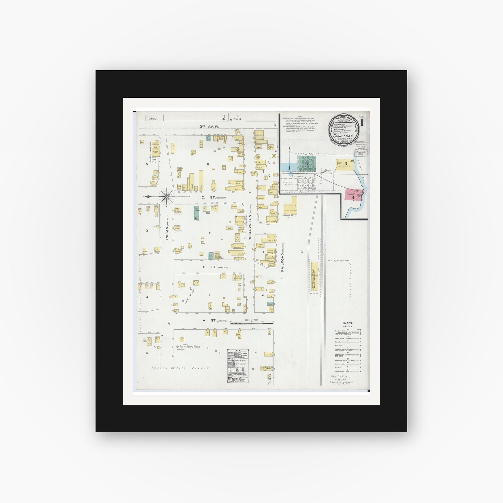 Old map wall art mockup — black gallery frame with white mat — Sanborn Fire Insurance Map from Cass Lake, Cass County, Minnesota (1900), Sheet #0001