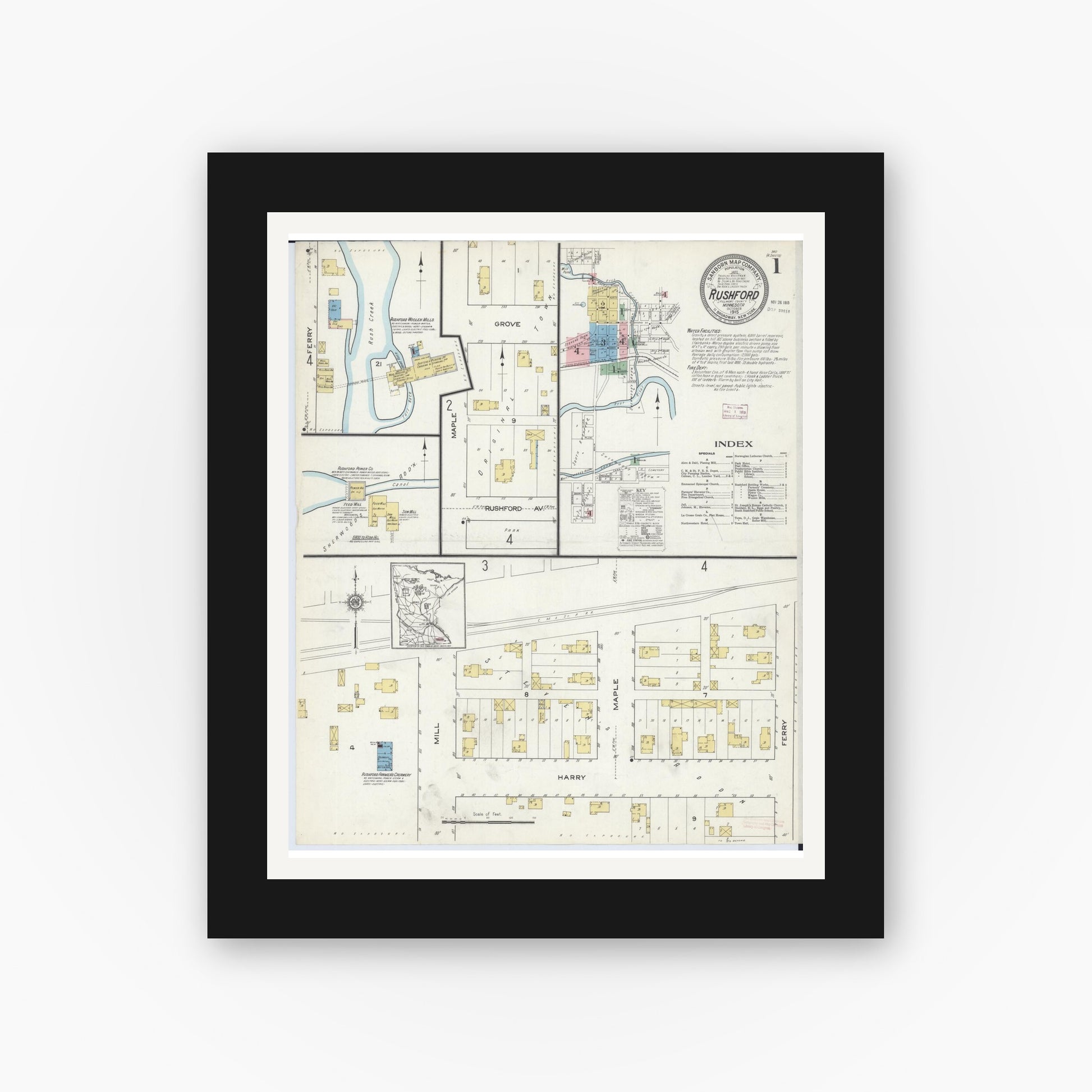Old map wall art mockup — black gallery frame with white mat — Sanborn Fire Insurance Map from Rushford, Fillmore County, Minnesota (1915) - Complete Map Set