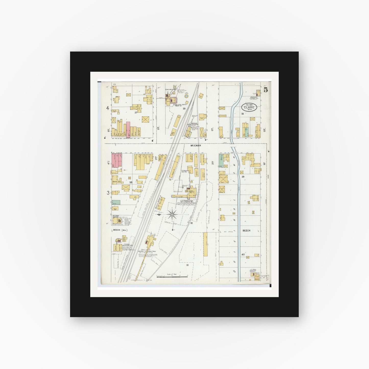 Old map wall art mockup — black gallery frame with white mat — Sanborn Fire Insurance Map from Clare, Clare County, Michigan (1899), Sheet #0005