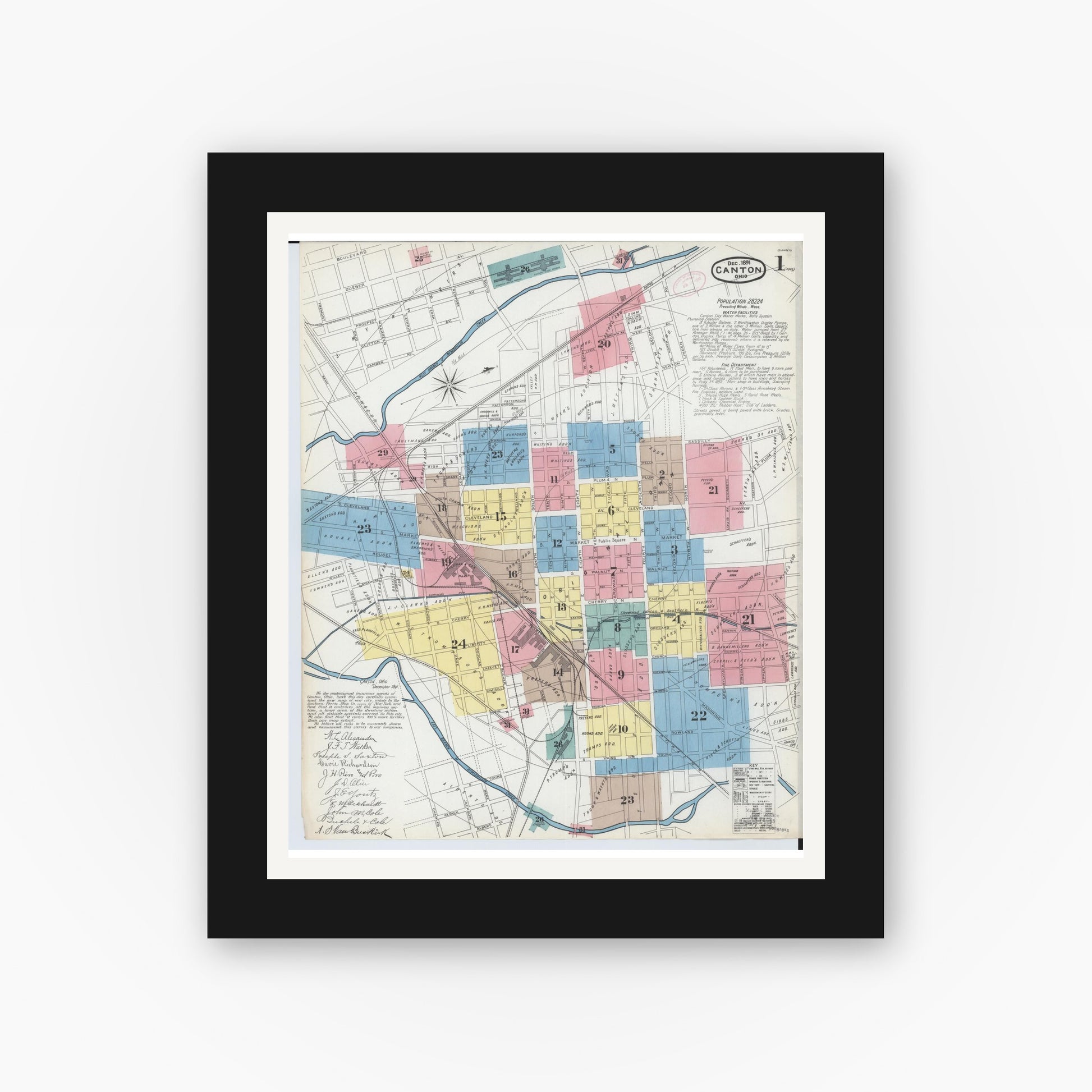 Old map wall art mockup — black gallery frame with white mat — Sanborn Fire Insurance Map from Canton, Stark County, Ohio (1891) - Complete Map Set