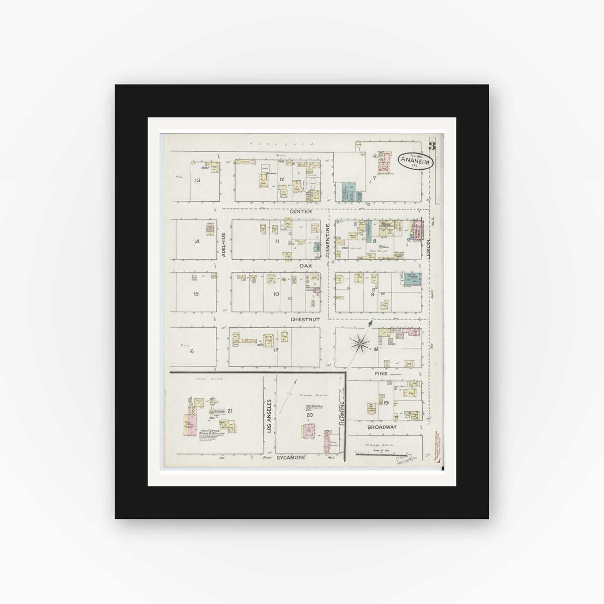 Old map wall art mockup — black gallery frame with white mat — Sanborn Fire Insurance Map from Anaheim, Orange County, California (1887), Sheet #0003