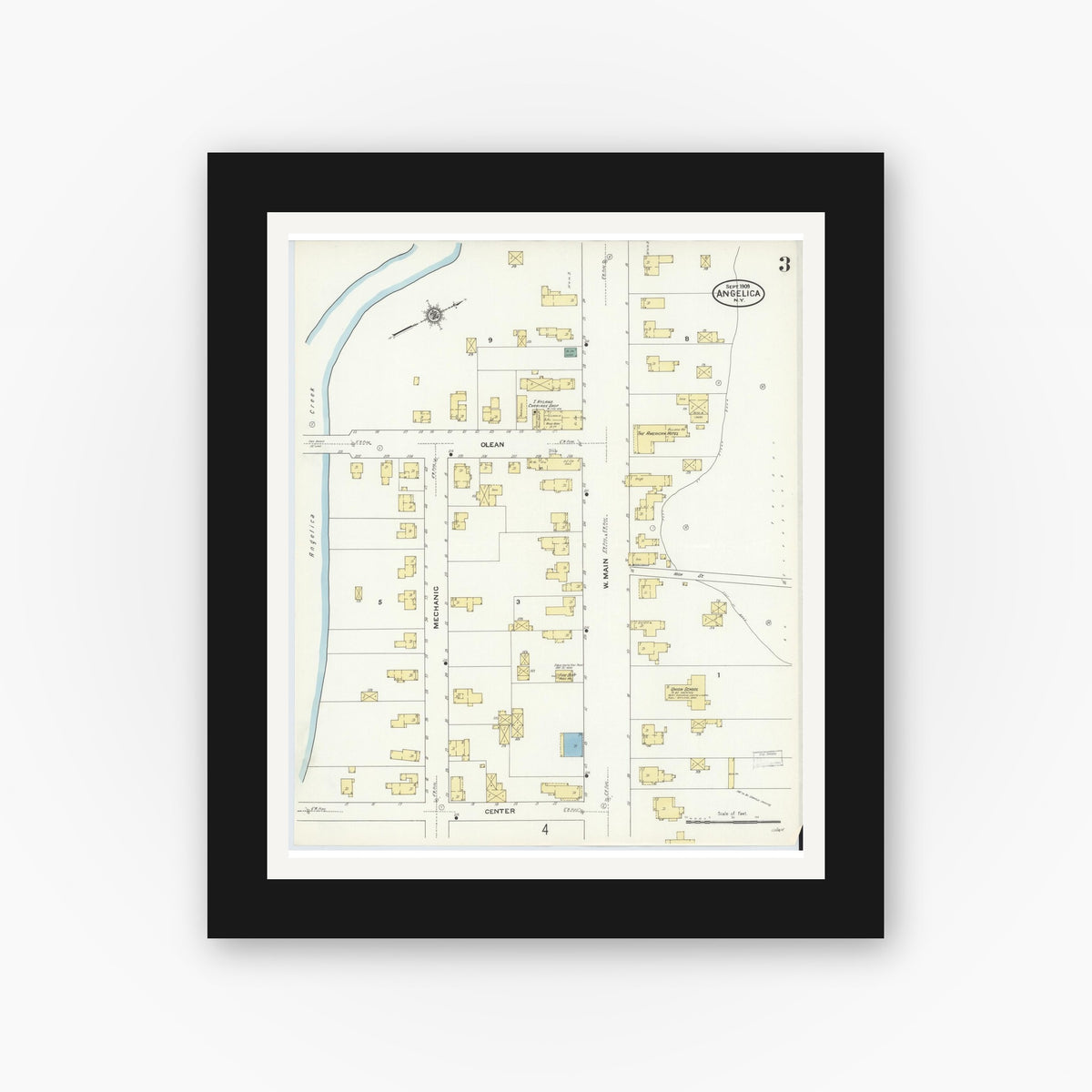 Old map wall art mockup — black gallery frame with white mat — Sanborn Fire Insurance Map from Angelica, Allegany County, New York (1909), Sheet #0003