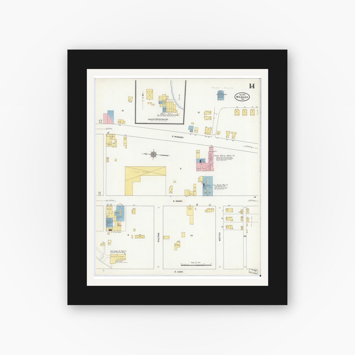 Old map wall art mockup — black gallery frame with white mat — Sanborn Fire Insurance Map from Wabash, Wabash County, Indiana (1910), Sheet #0014