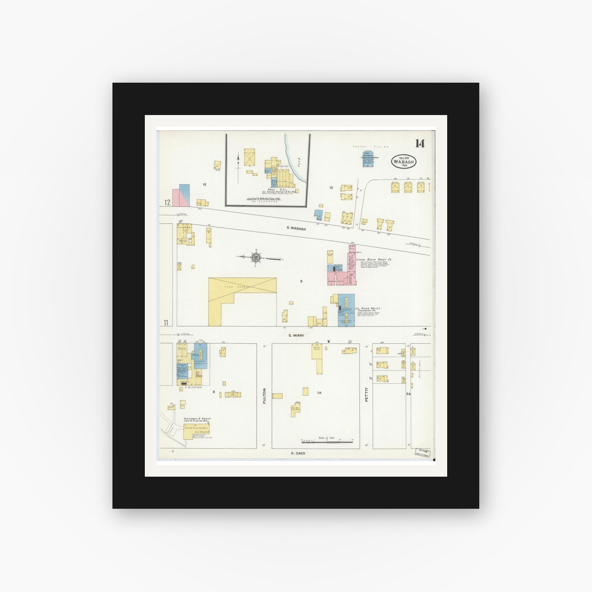 Old map wall art mockup — black gallery frame with white mat — Sanborn Fire Insurance Map from Wabash, Wabash County, Indiana (1910), Sheet #0014