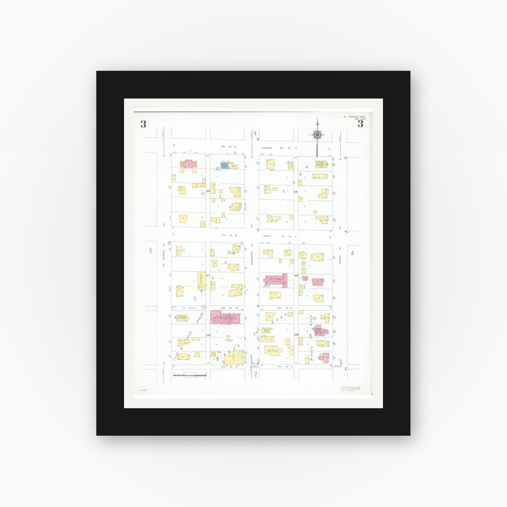 Old map wall art mockup — black gallery frame with white mat — Sanborn Fire Insurance Map from Saint Charles, Winona County, Minnesota (1949), Sheet #0003