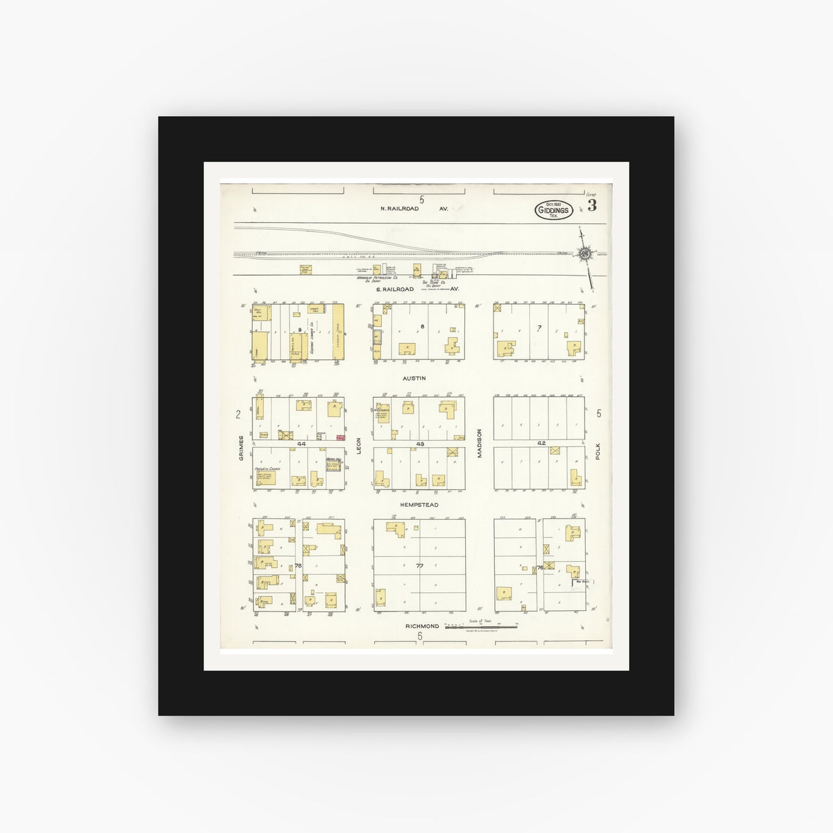 Old map wall art mockup — black gallery frame with white mat — Sanborn Fire Insurance Map from Giddings, Lee County, Texas (1921), Sheet #0003
