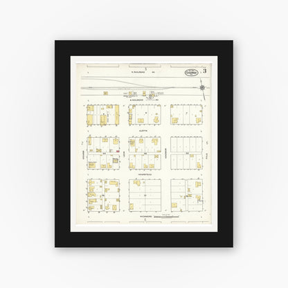 Old map wall art mockup — black gallery frame with white mat — Sanborn Fire Insurance Map from Giddings, Lee County, Texas (1921), Sheet #0003