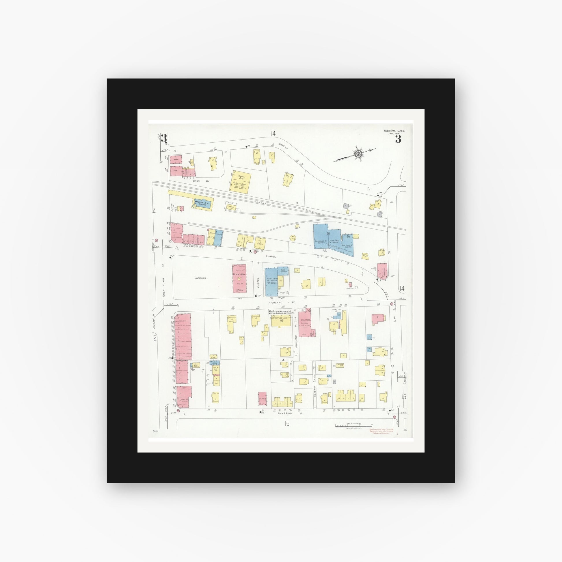 Old map wall art mockup — black gallery frame with white mat — Sanborn Fire Insurance Map from Needham, Norfolk County, Massachusetts (1937), Sheet #0003