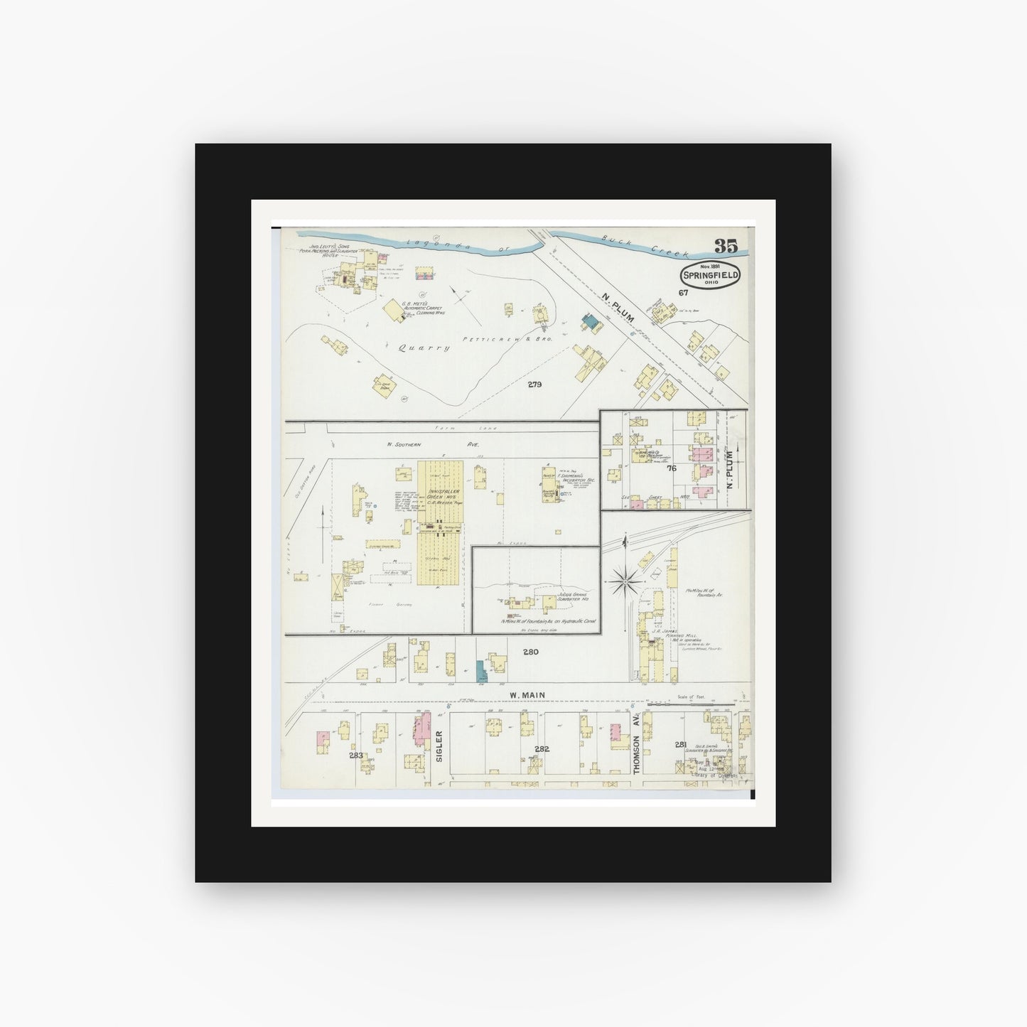 Old map wall art mockup — black gallery frame with white mat — Sanborn Fire Insurance Map from Springfield, Clark County, Ohio (1891), Sheet #0035