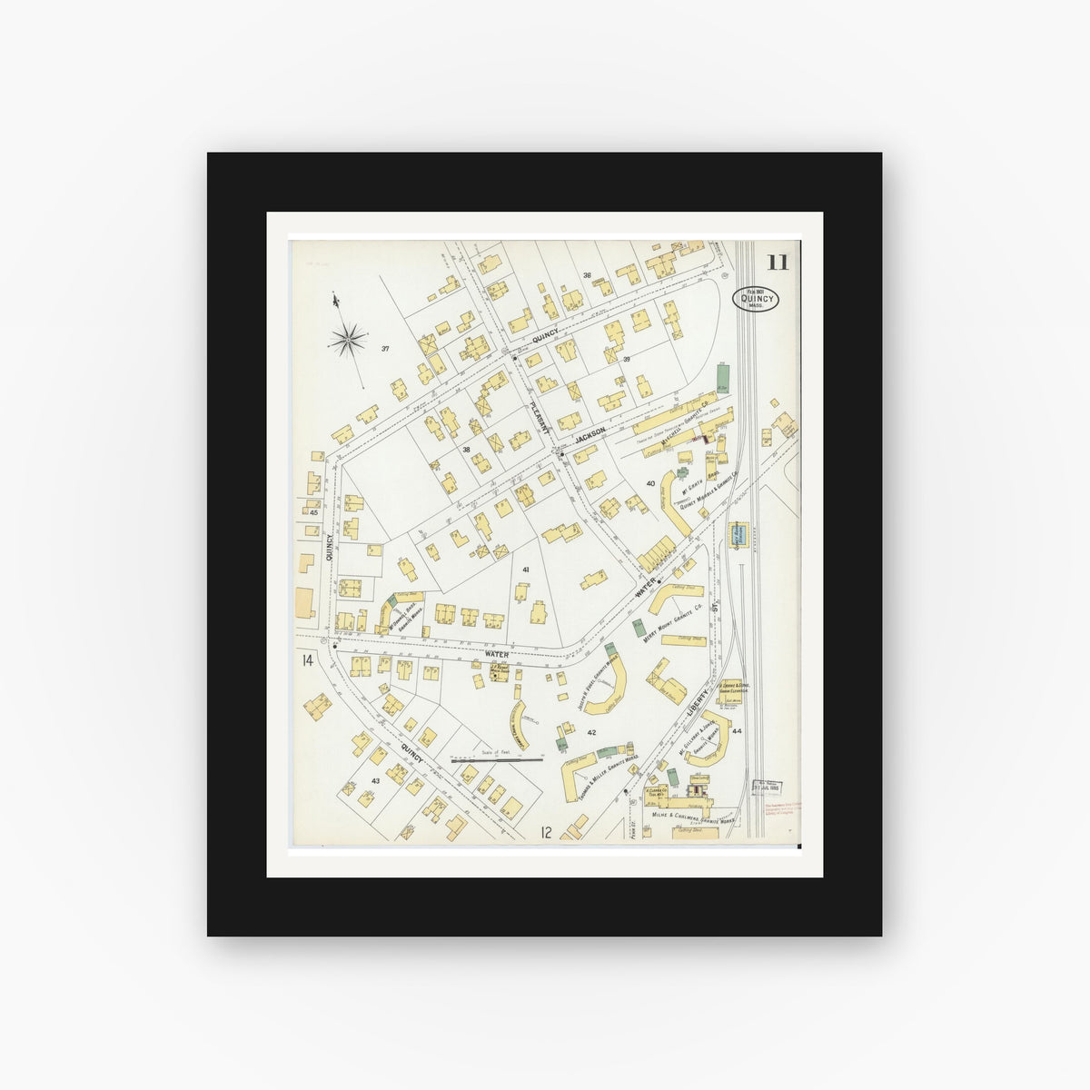 Old map wall art mockup — black gallery frame with white mat — Sanborn Fire Insurance Map from Quincy, Norfolk County, Massachusetts (1901), Sheet #0011