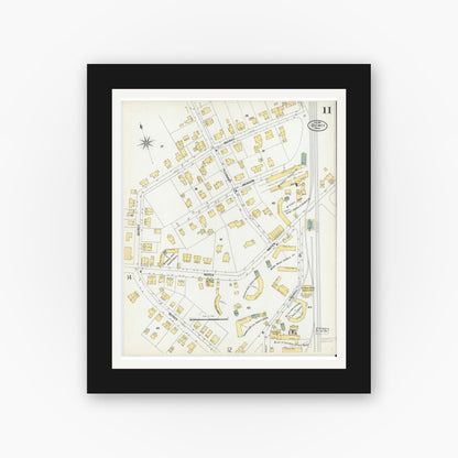 Old map wall art mockup — black gallery frame with white mat — Sanborn Fire Insurance Map from Quincy, Norfolk County, Massachusetts (1901), Sheet #0011