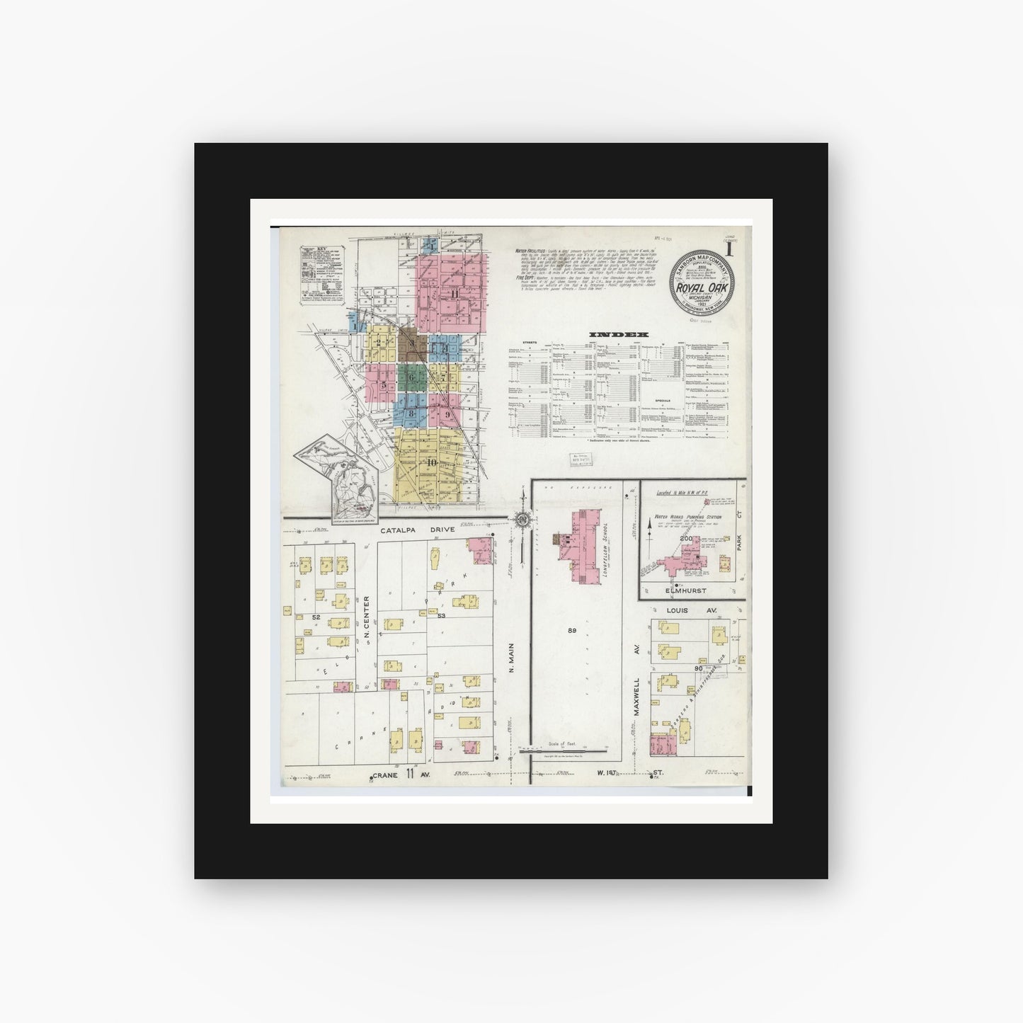 Old map wall art mockup — black gallery frame with white mat — Sanborn Fire Insurance Map from Royal Oak, Oakland County, Michigan (1921) - Complete Map Set