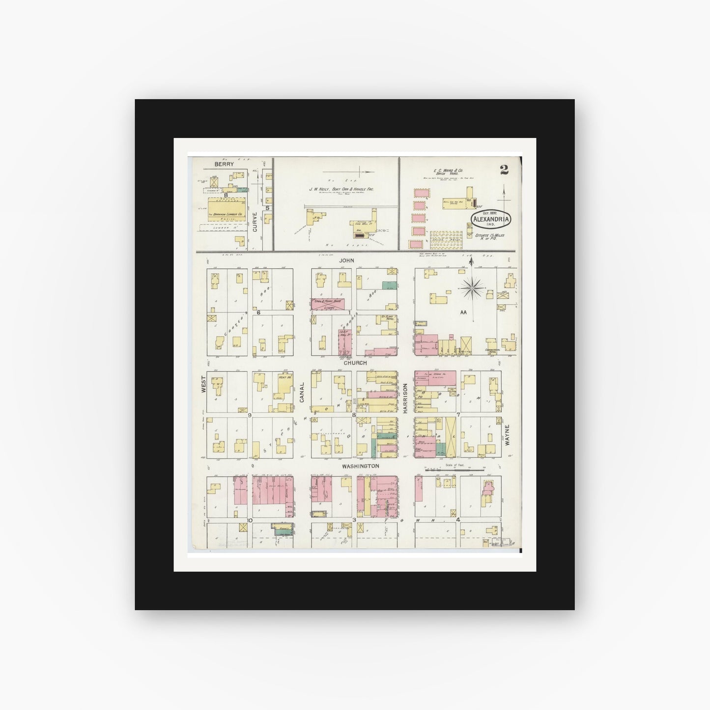 Old map wall art mockup — black gallery frame with white mat — Sanborn Fire Insurance Map from Alexandria, Madison County, Indiana (1892), Sheet #0002