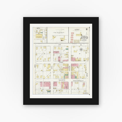 Old map wall art mockup — black gallery frame with white mat — Sanborn Fire Insurance Map from Alexandria, Madison County, Indiana (1892), Sheet #0002
