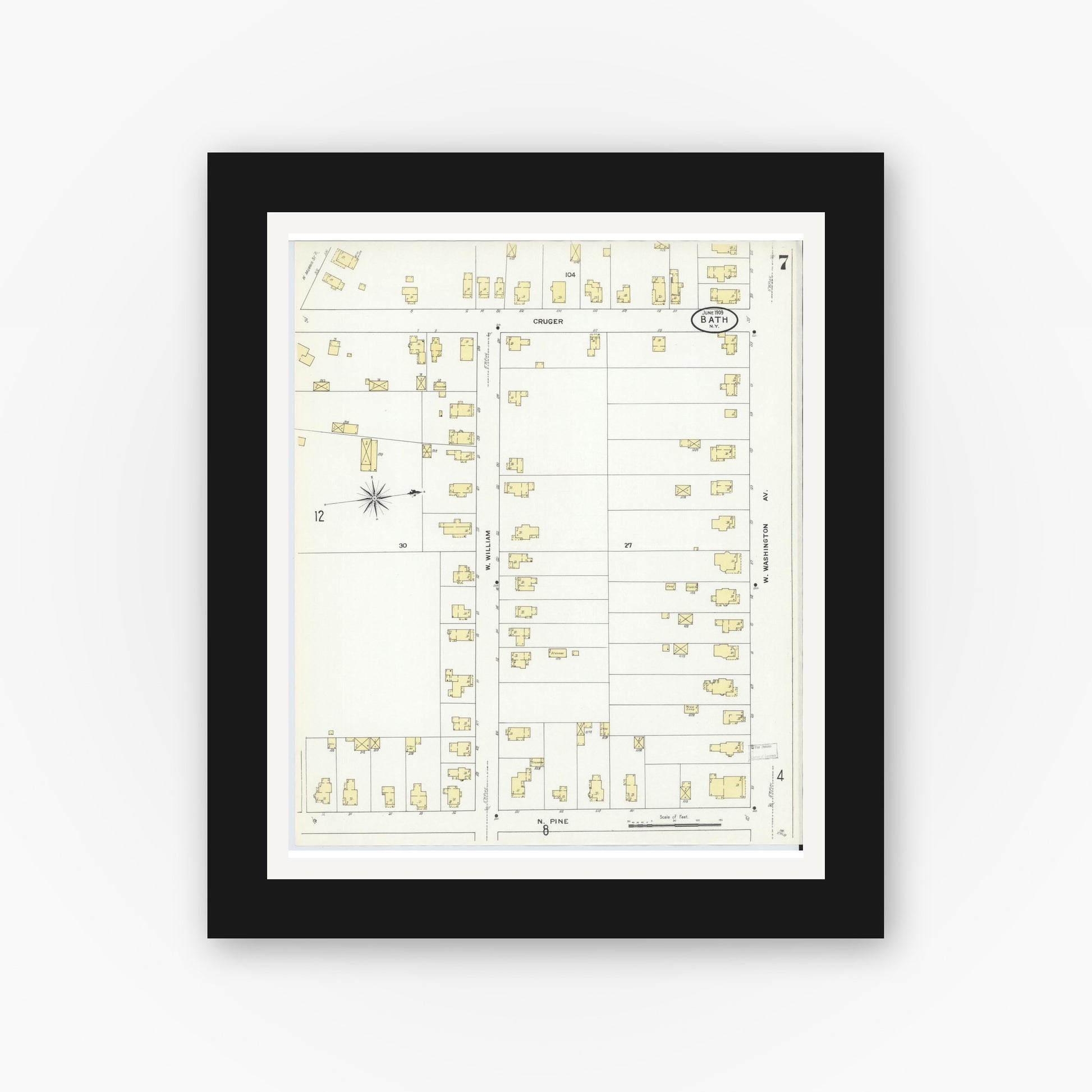 Old map wall art mockup — black gallery frame with white mat — Sanborn Fire Insurance Map from Bath, Steuben County, New York (1909), Sheet #0007