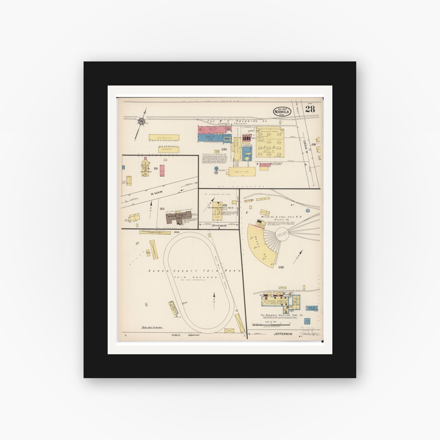 Old map wall art mockup — black gallery frame with white mat — Sanborn Fire Insurance Map from Norwalk, Huron County, Ohio (1922), Sheet #0028