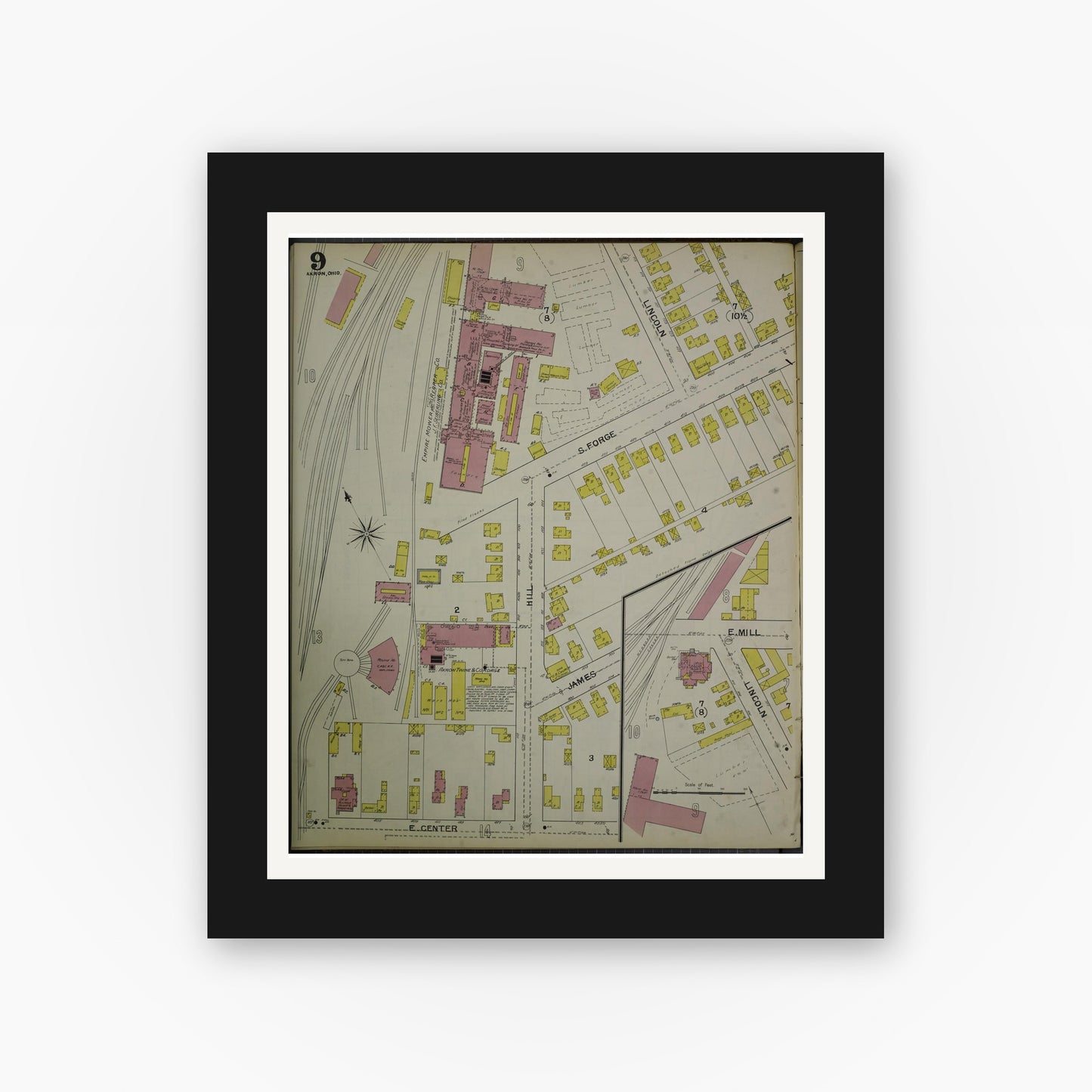 Old map wall art mockup — black gallery frame with white mat — Sanborn Fire Insurance Map from Akron, Summit County, Ohio (1892), Sheet #0009