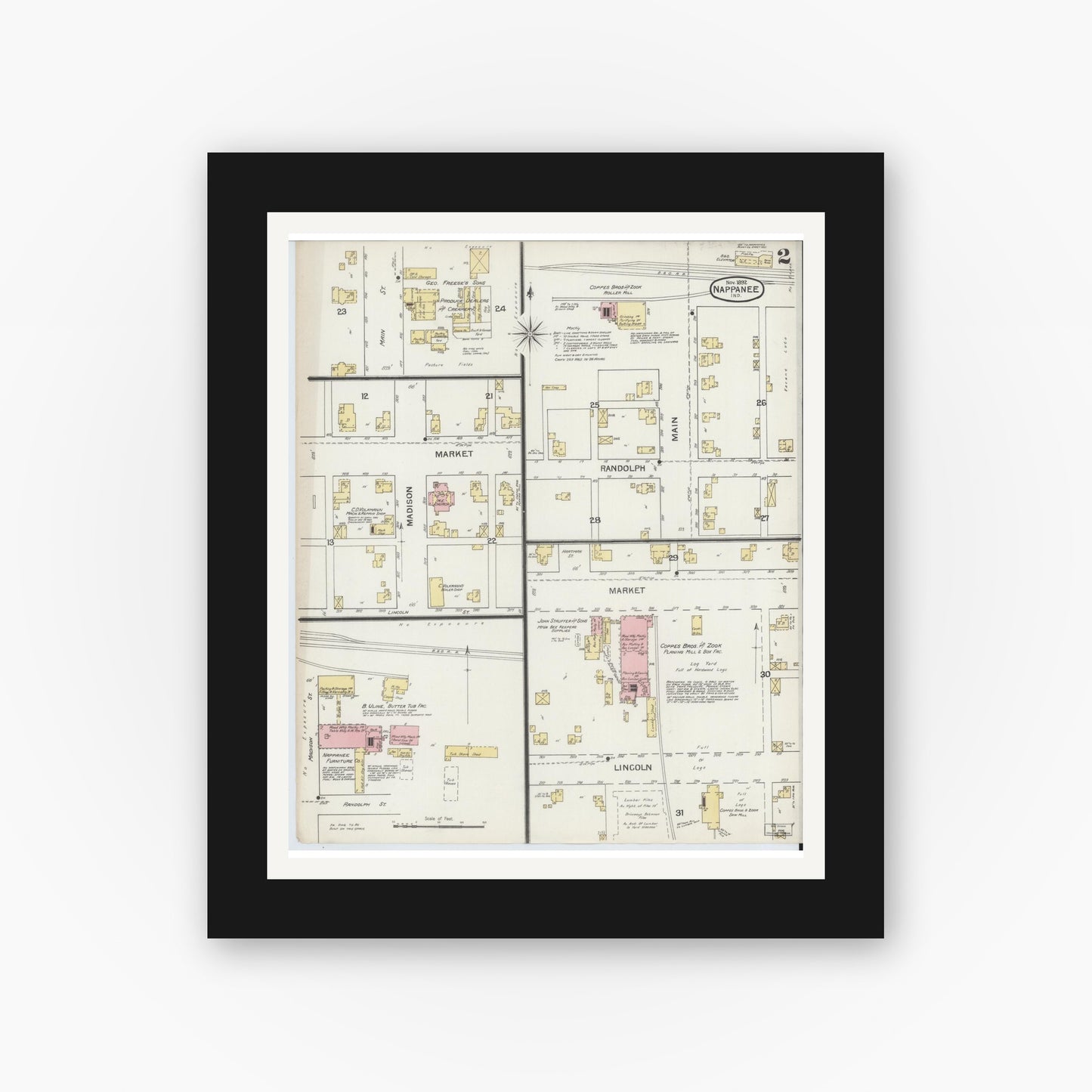 Old map wall art mockup — black gallery frame with white mat — Sanborn Fire Insurance Map from Nappanee, Elkhart County, Indiana (1892), Sheet #0002