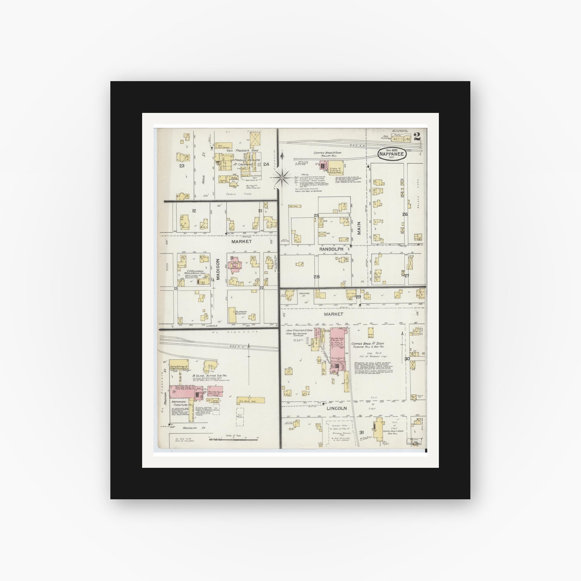 Old map wall art mockup — black gallery frame with white mat — Sanborn Fire Insurance Map from Nappanee, Elkhart County, Indiana (1892), Sheet #0002