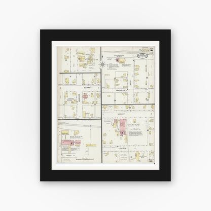 Old map wall art mockup — black gallery frame with white mat — Sanborn Fire Insurance Map from Nappanee, Elkhart County, Indiana (1892), Sheet #0002