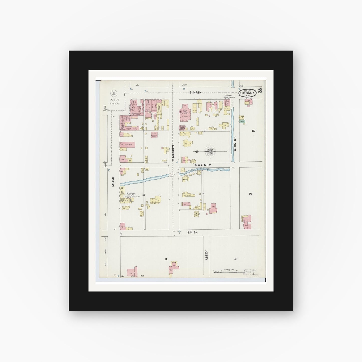 Old map wall art mockup — black gallery frame with white mat — Sanborn Fire Insurance Map from Urbana, Champaign County, Ohio (1890), Sheet #0003