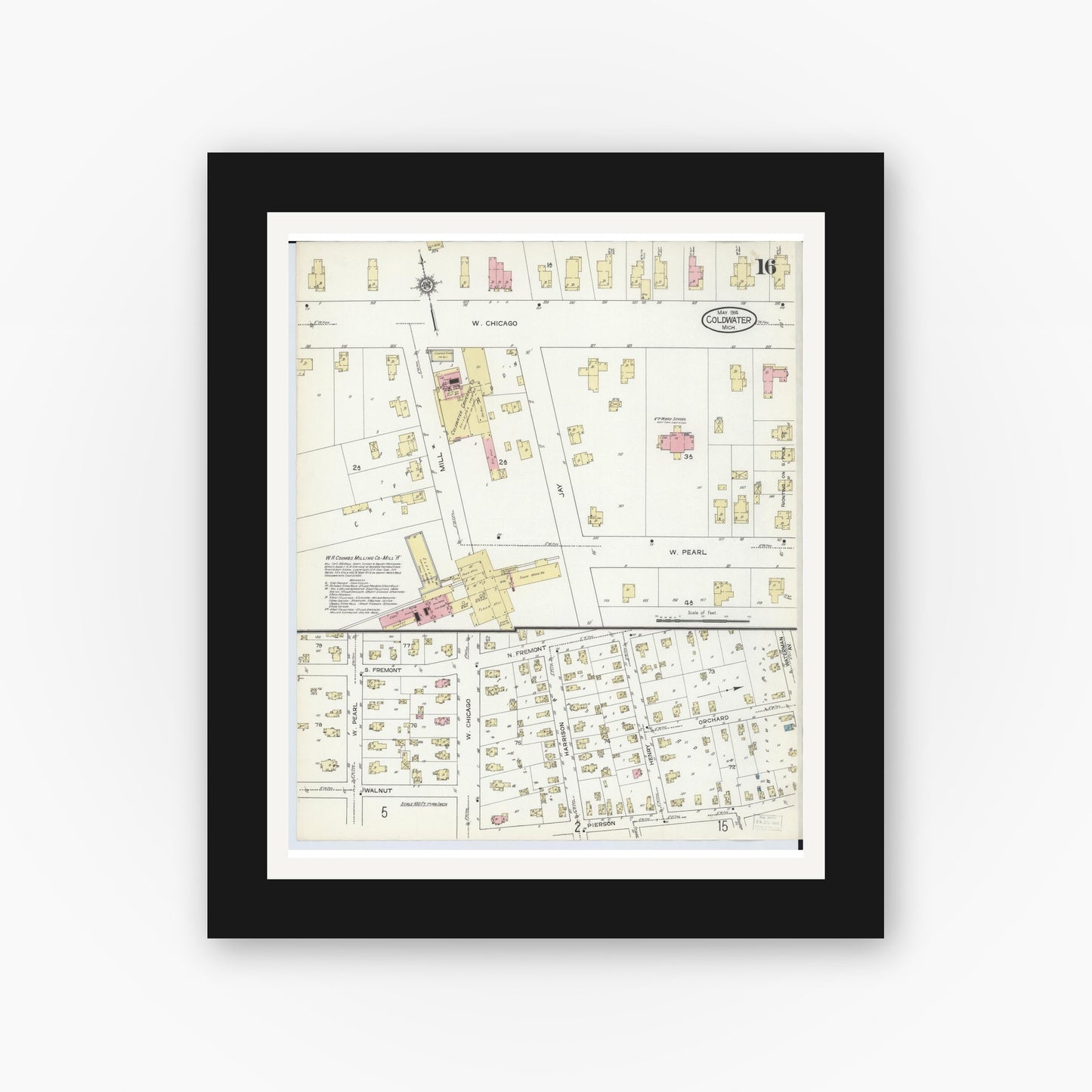 Old map wall art mockup — black gallery frame with white mat — Sanborn Fire Insurance Map from Coldwater, Branch County, Michigan (1914), Sheet #0016