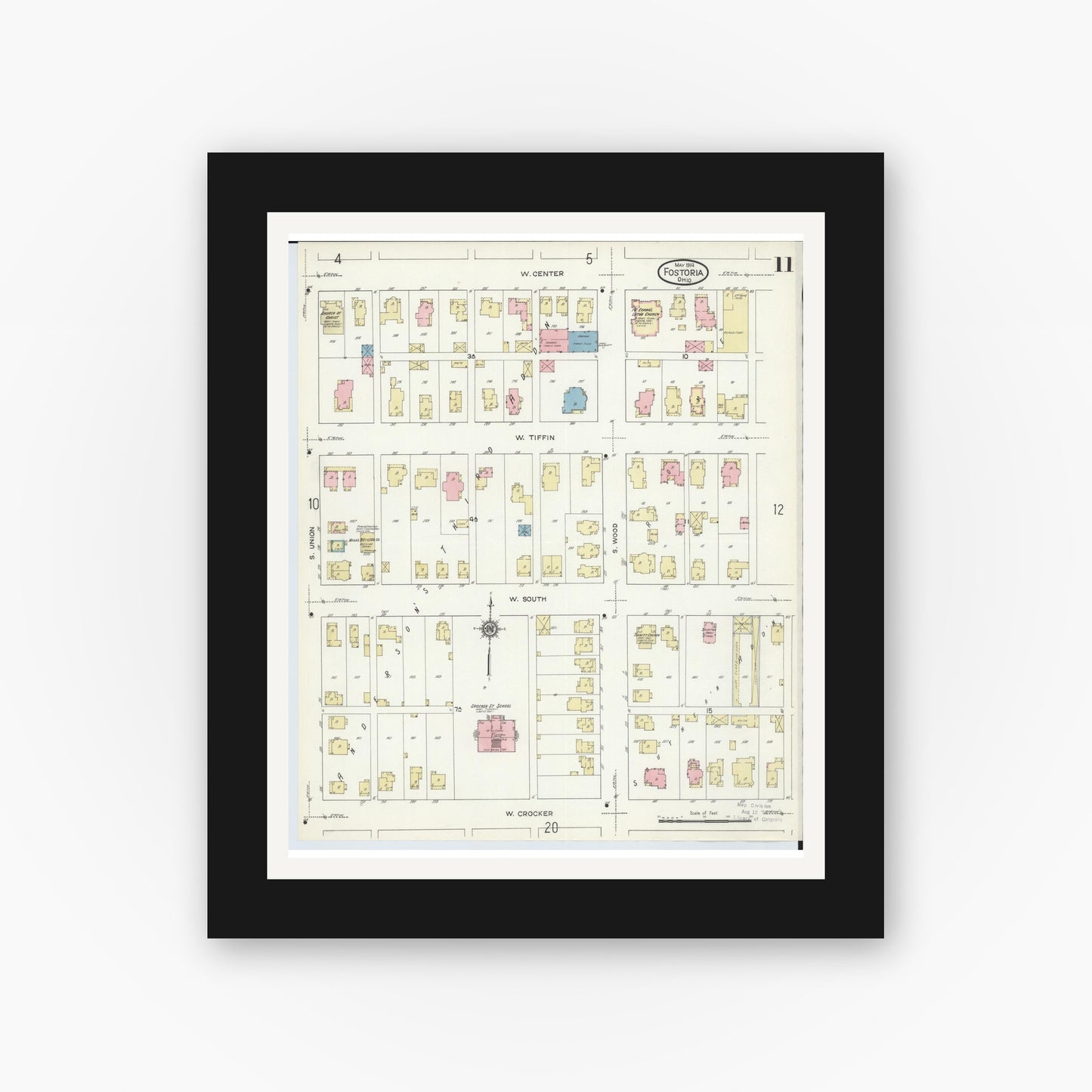 Old map wall art mockup — black gallery frame with white mat — Sanborn Fire Insurance Map from Fostoria, Seneca, Hancock, And Wood Counties, Ohio (1914), Sheet #0011