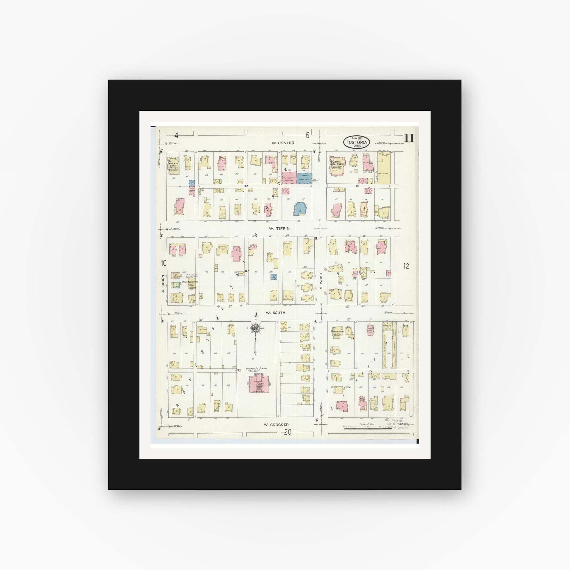 Old map wall art mockup — black gallery frame with white mat — Sanborn Fire Insurance Map from Fostoria, Seneca, Hancock, And Wood Counties, Ohio (1914), Sheet #0011