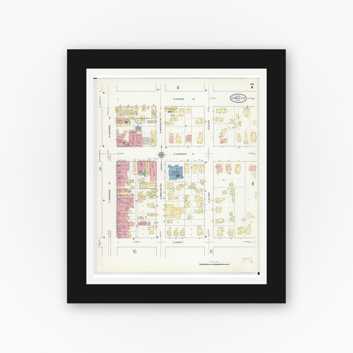 Old map wall art mockup — black gallery frame with white mat — Sanborn Fire Insurance Map from Charlotte, Eaton County, Michigan (1911), Sheet #0007