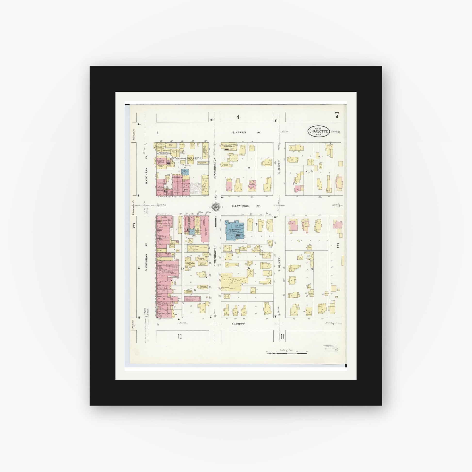 Old map wall art mockup — black gallery frame with white mat — Sanborn Fire Insurance Map from Charlotte, Eaton County, Michigan (1911), Sheet #0007