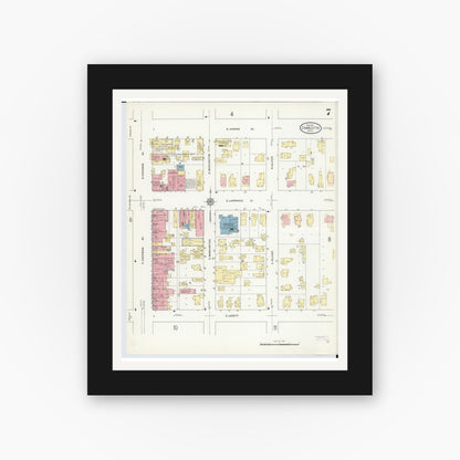 Old map wall art mockup — black gallery frame with white mat — Sanborn Fire Insurance Map from Charlotte, Eaton County, Michigan (1911), Sheet #0007