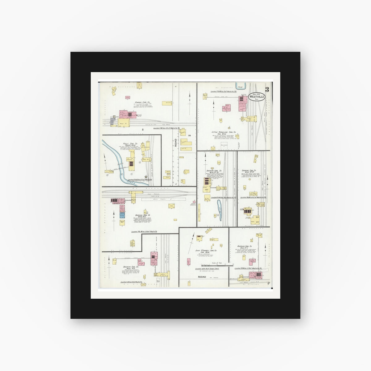 Old map wall art mockup — black gallery frame with white mat — Sanborn Fire Insurance Map from Westville, Vermilion County, Illinois (1909), Sheet #0003