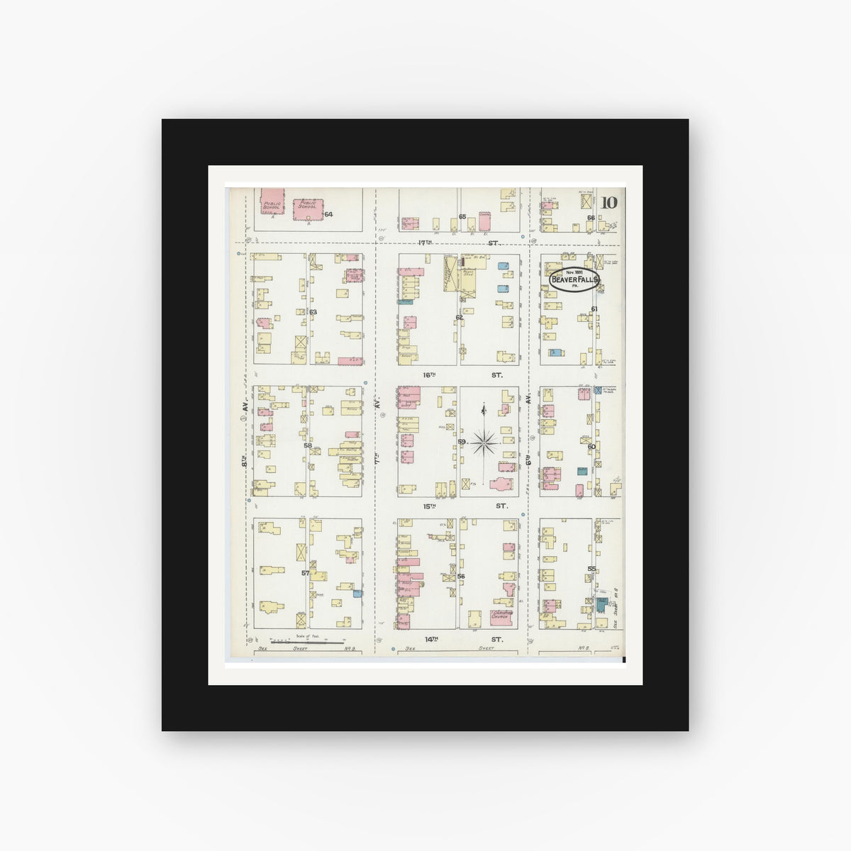 Old map wall art mockup — black gallery frame with white mat — Sanborn Fire Insurance Map from Beaver Falls, Beaver County, Pennsylvania (1891), Sheet #0010