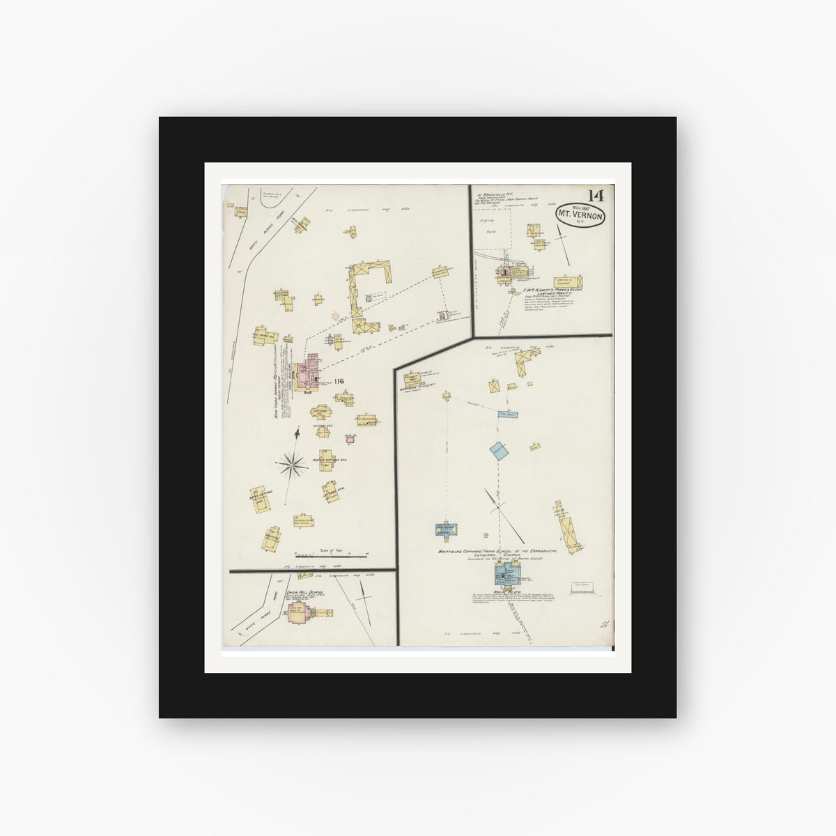 Old map wall art mockup — black gallery frame with white mat — Sanborn Fire Insurance Map from Mount Vernon, Westchester County, New York (1887), Sheet #0014