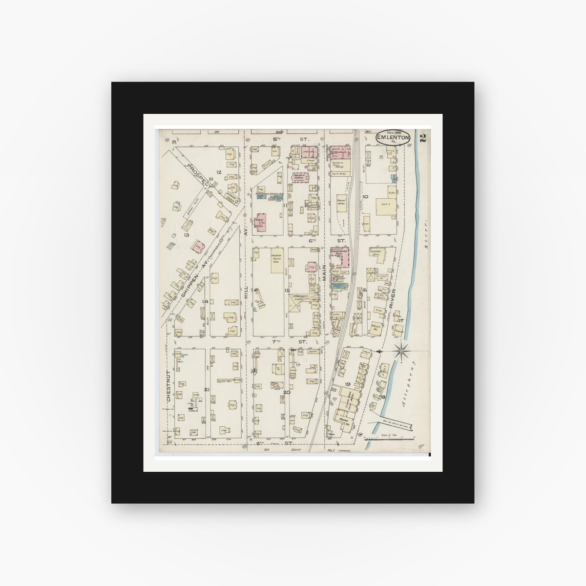 Old map wall art mockup — black gallery frame with white mat — Sanborn Fire Insurance Map from Emlenton, Venango County, Pennsylvania (1886), Sheet #0002