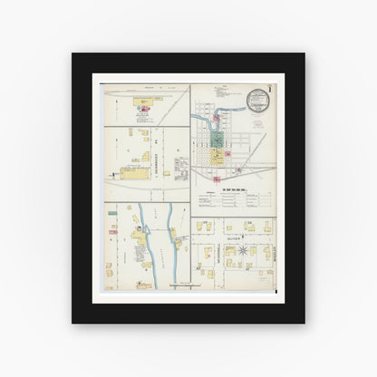 Old map wall art mockup — black gallery frame with white mat — Sanborn Fire Insurance Map from Corunna, Shiawassee County, Michigan (1893), Sheet #0001