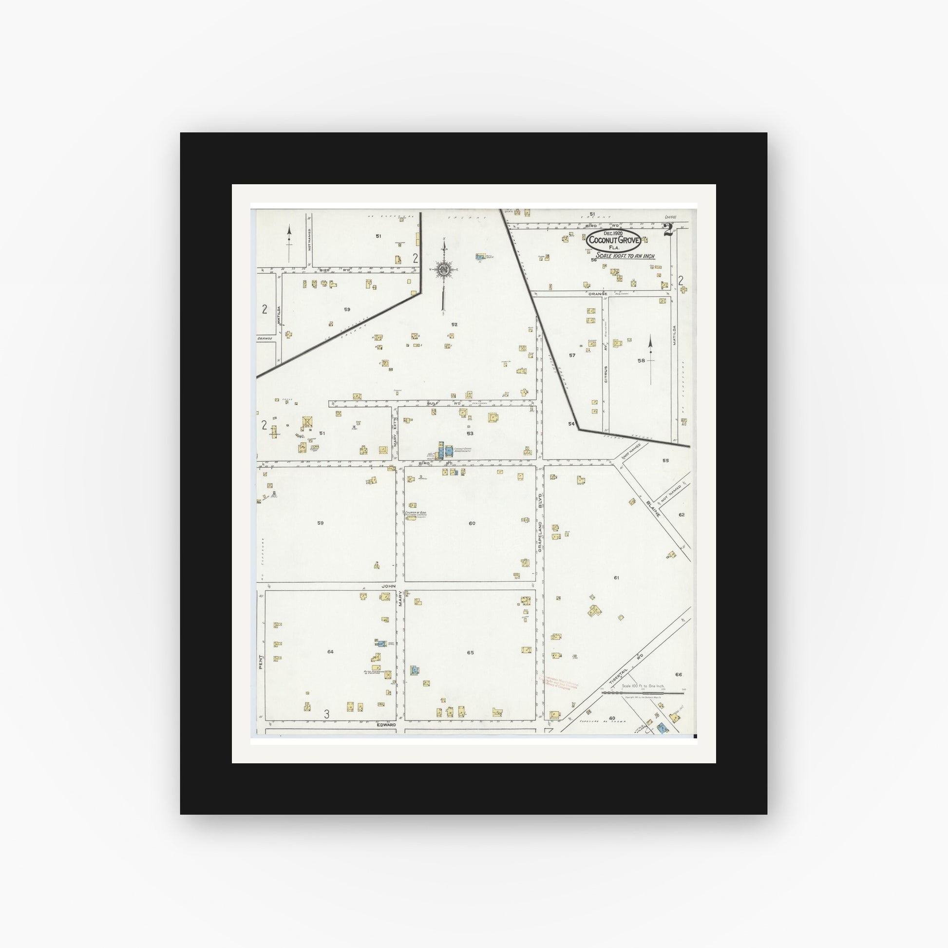Old map wall art mockup — black gallery frame with white mat — Sanborn Fire Insurance Map from Coconut Grove, Dade County, Florida (1920), Sheet #0002