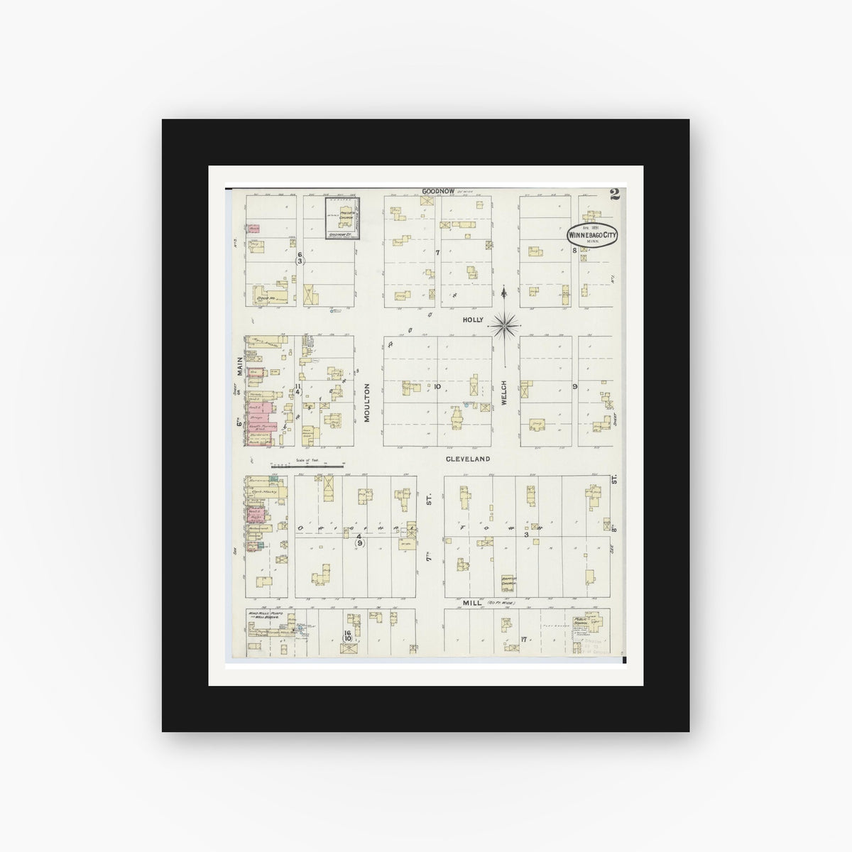 Old map wall art mockup — black gallery frame with white mat — Sanborn Fire Insurance Map from Winnebago, Faribault County, Minnesota (1891), Sheet #0002