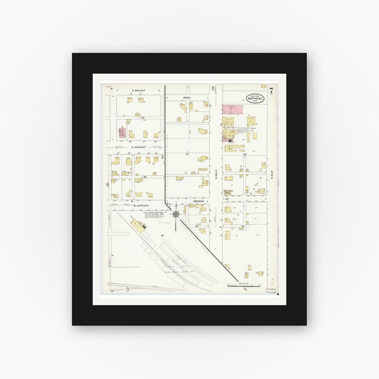 Old map wall art mockup — black gallery frame with white mat — Sanborn Fire Insurance Map from Nappanee, Elkhart County, Indiana (1910), Sheet #0007