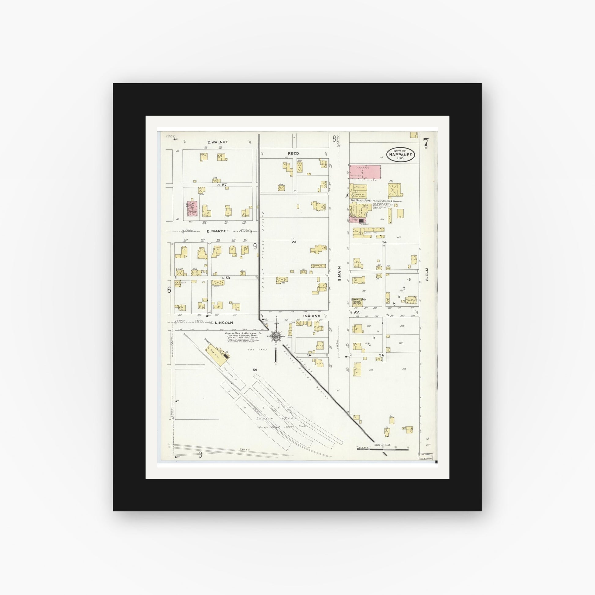 Old map wall art mockup — black gallery frame with white mat — Sanborn Fire Insurance Map from Nappanee, Elkhart County, Indiana (1910), Sheet #0007