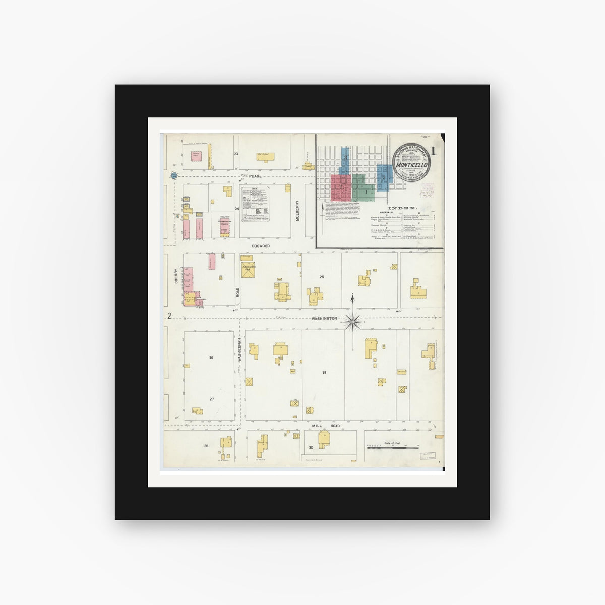 Old map wall art mockup — black gallery frame with white mat — Sanborn Fire Insurance Map from Monticello, Jefferson County, Florida (1903) - Complete Map Set