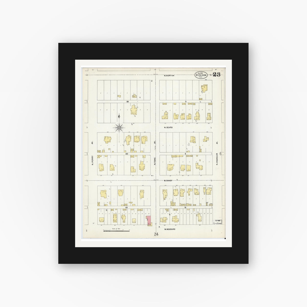 Old map wall art mockup — black gallery frame with white mat — Sanborn Fire Insurance Map from Denison, Grayson County, Texas (1903), Sheet #0023