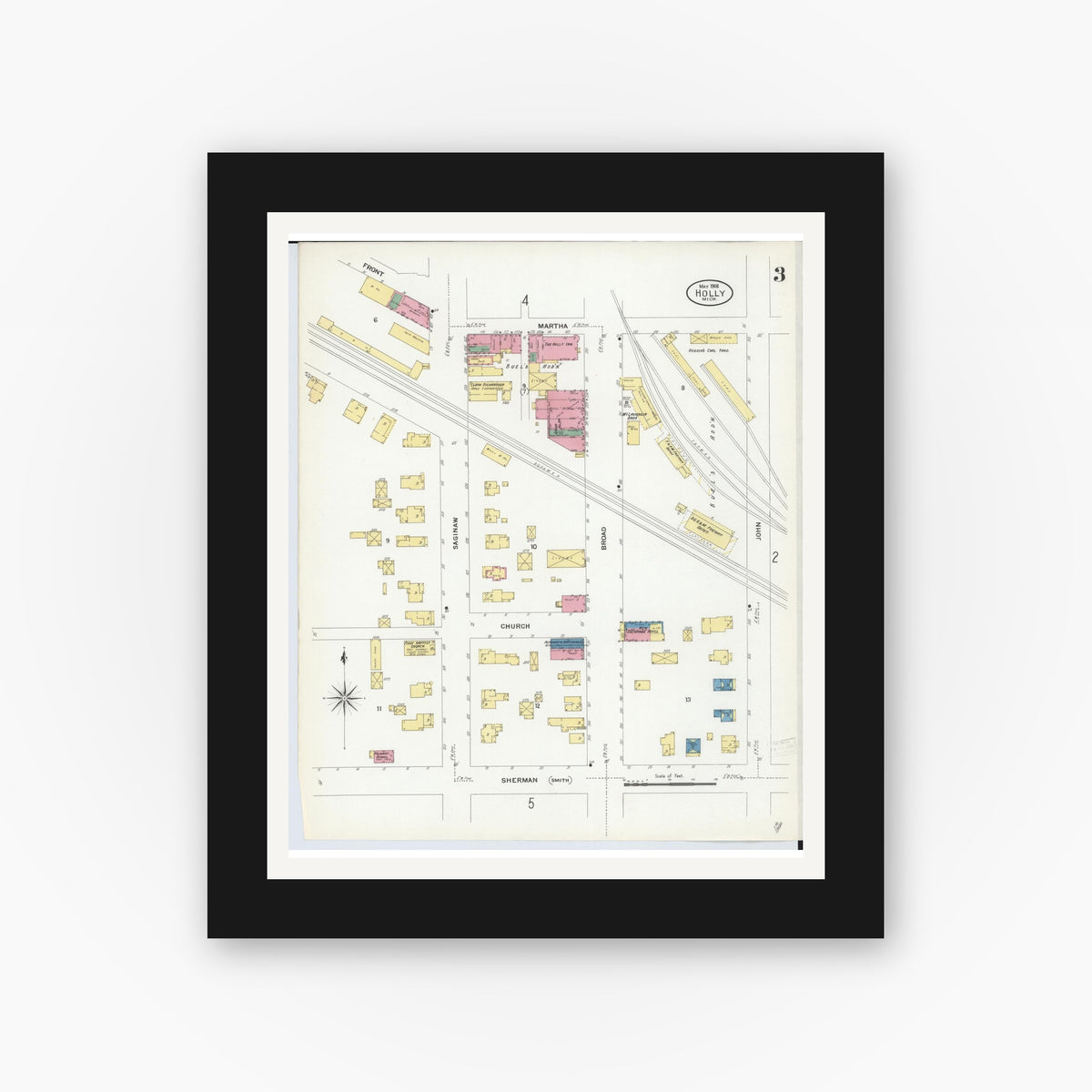 Old map wall art mockup — black gallery frame with white mat — Sanborn Fire Insurance Map from Holly, Oakland County, Michigan (1908), Sheet #0003