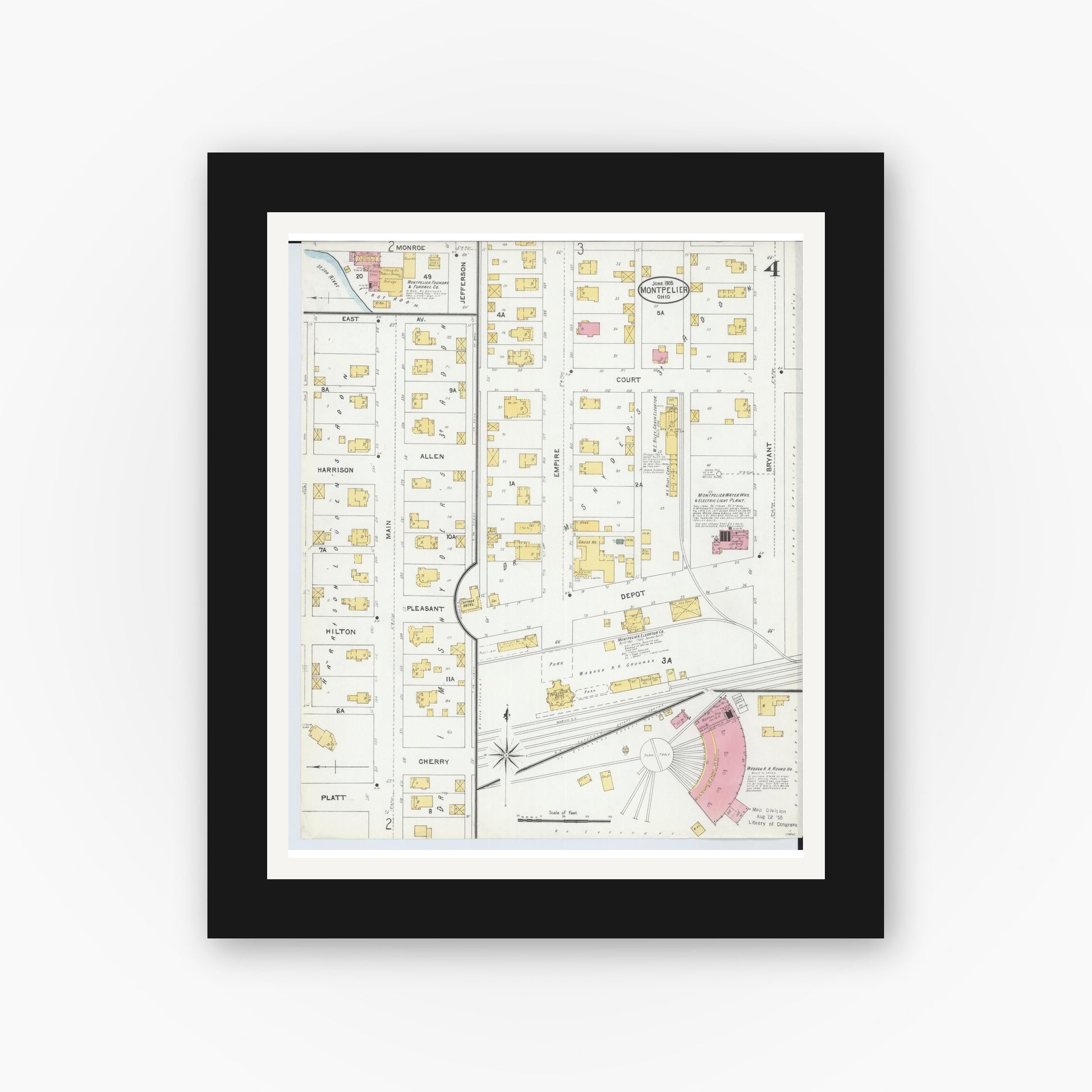 Old map wall art mockup — black gallery frame with white mat — Sanborn Fire Insurance Map from Montpelier, Williams County, Ohio (1905), Sheet #0004