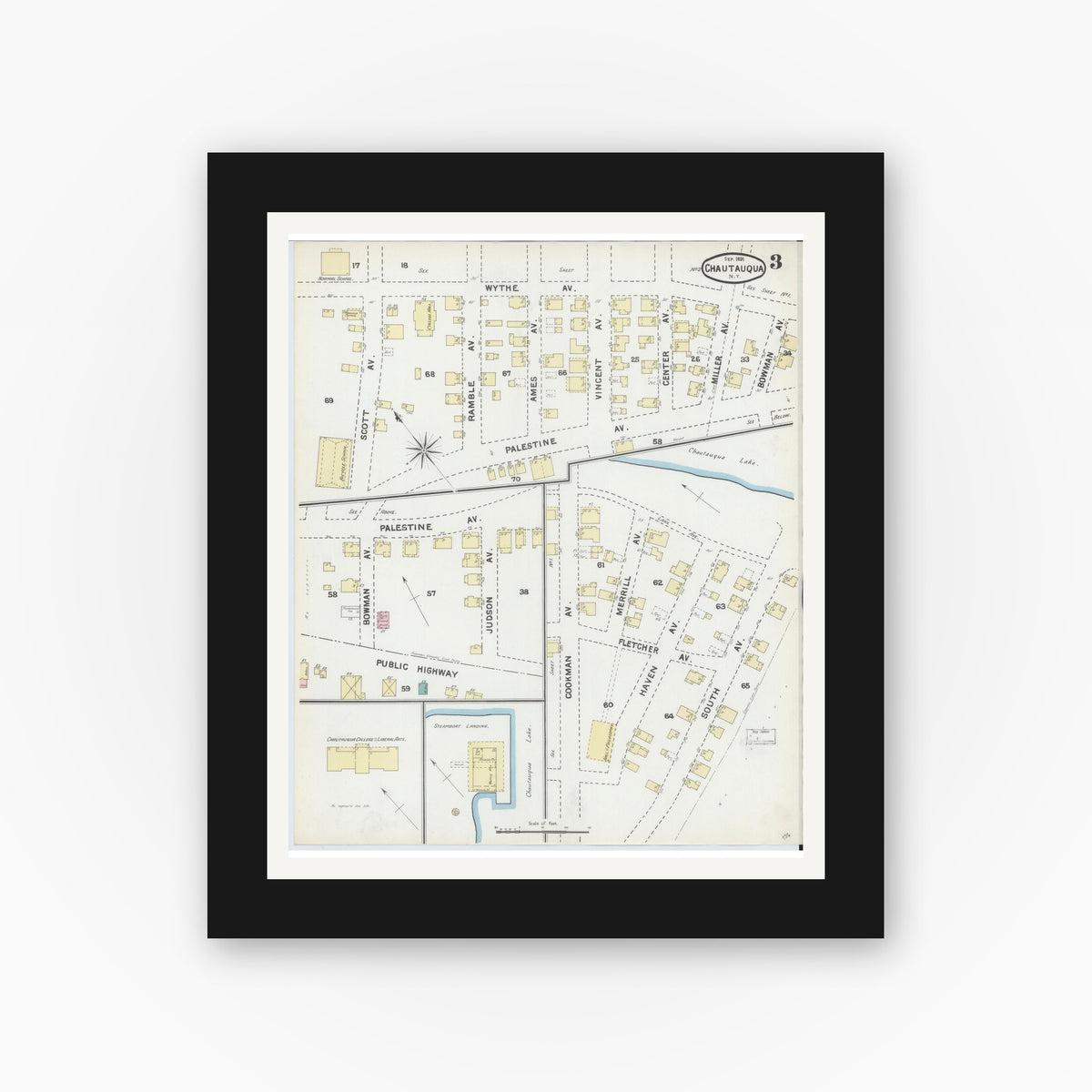 Old map wall art mockup — black gallery frame with white mat — Sanborn Fire Insurance Map from Chautauqua, Chautauqua County, New York (1891), Sheet #0003
