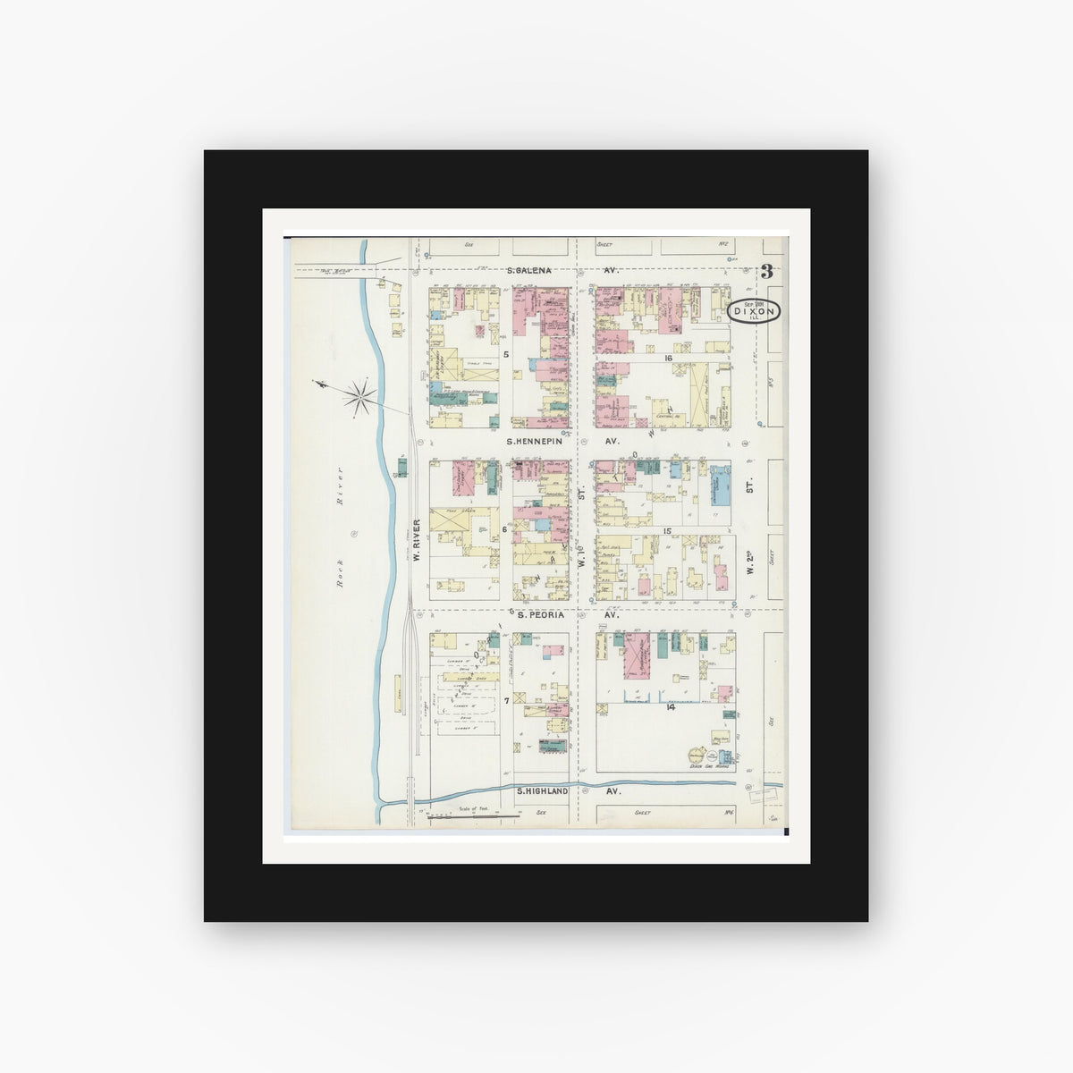 Old map wall art mockup — black gallery frame with white mat — Sanborn Fire Insurance Map from Dixon, Lee County, Illinois (1891), Sheet #0003