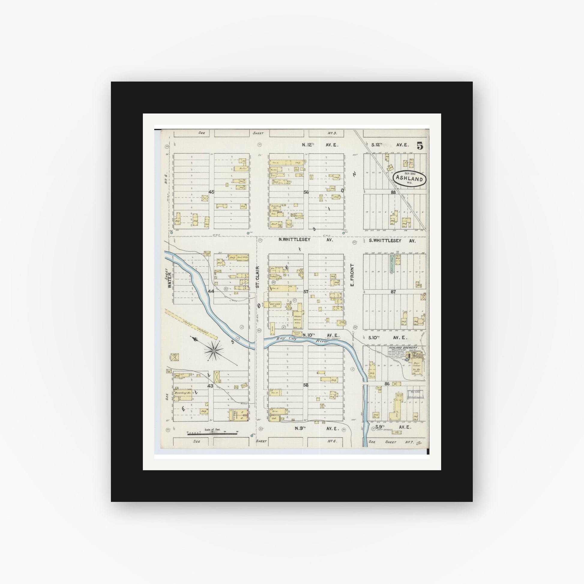 Old map wall art mockup — black gallery frame with white mat — Sanborn Fire Insurance Map from Ashland, Ashland County, Wisconsin (1890), Sheet #0005