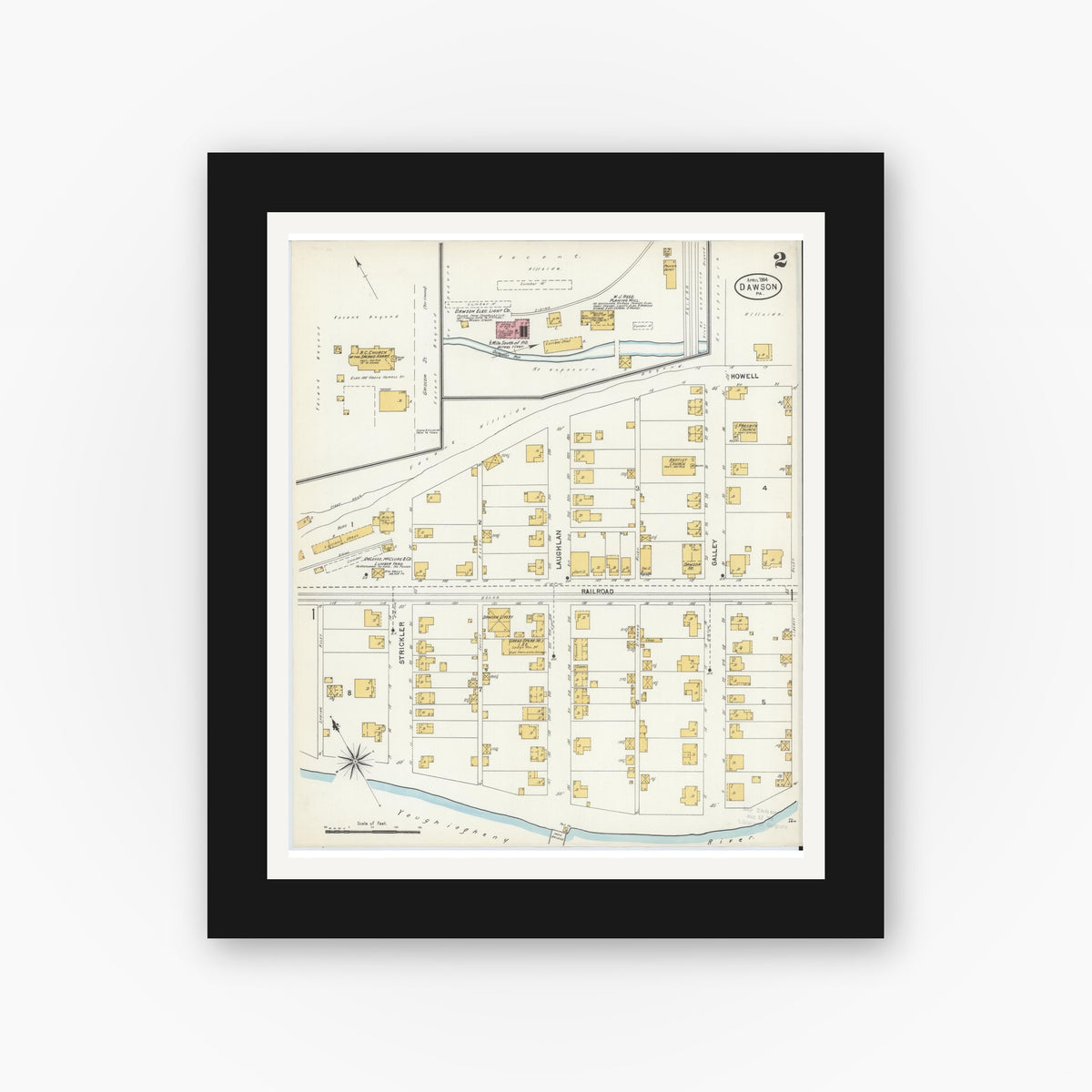 Old map wall art mockup — black gallery frame with white mat — Sanborn Fire Insurance Map from Dawson, Fayette County, Pennsylvania (1904), Sheet #0002